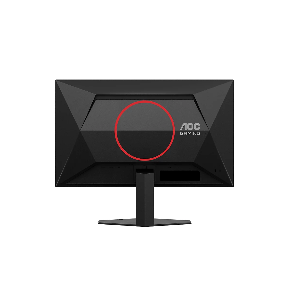 Schwarzer Gaming Monitor, Rückseite. AOC Gaming Logo, rote Markierung.