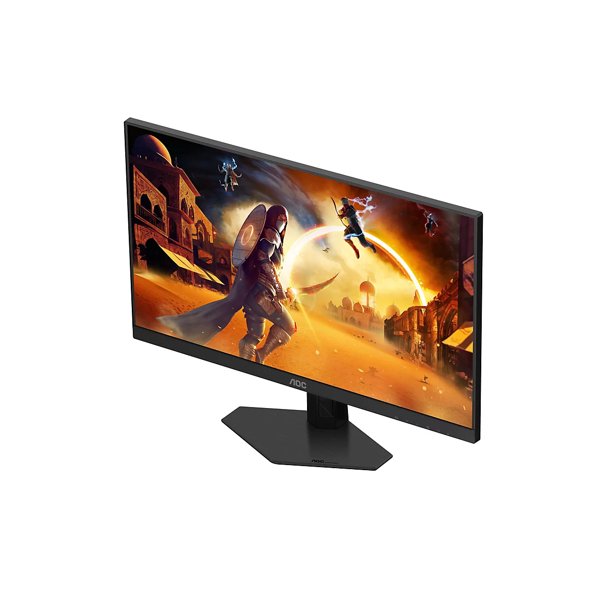 AOC Gaming Monitor mit Spielszene auf dem Display. Der Monitor ist auf einem weißen Hintergrund aus einer erhöhten Perspektive diagonal positioniert.