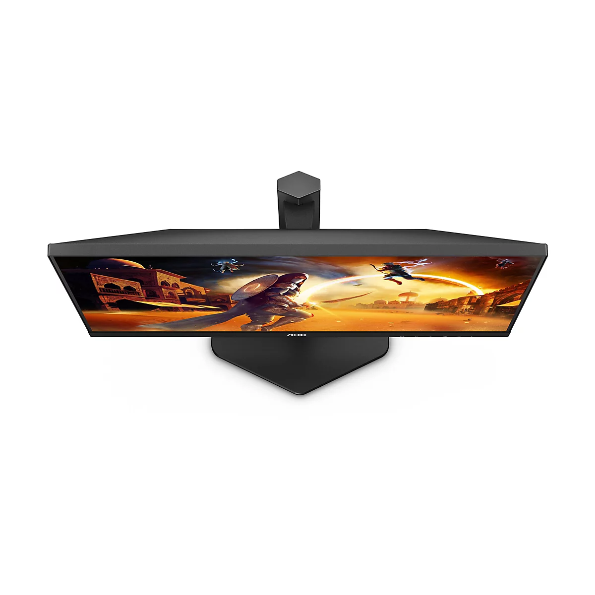 Schwarzer Gaming Monitor, Draufsicht. Auf dem Bildschirm ist ein Fantasy-Kampf zu sehen. Mit AOC Logo.