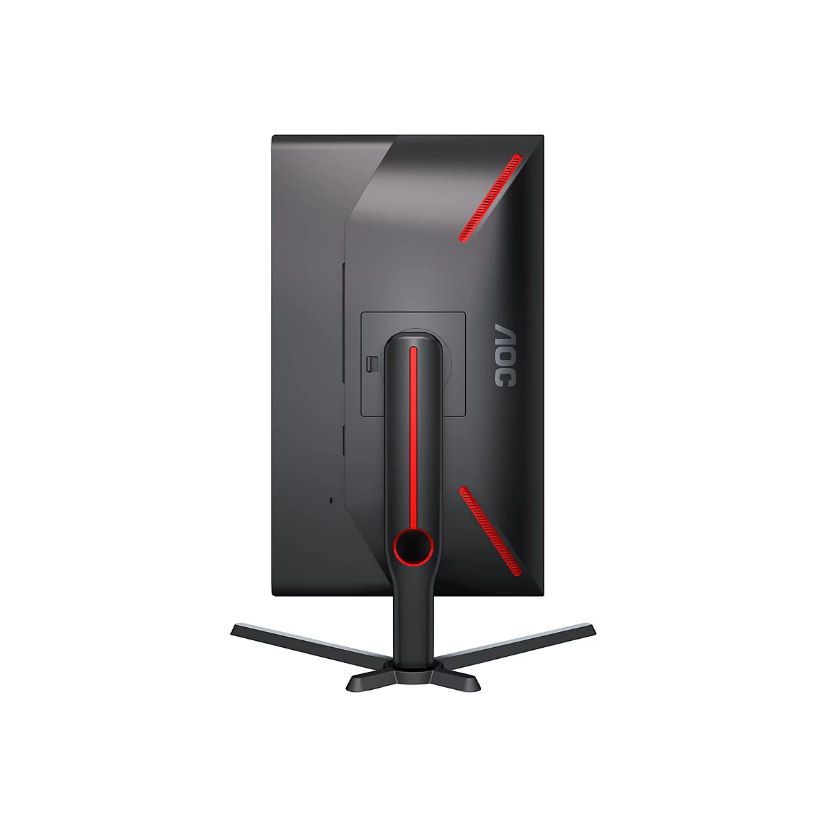 Rückseite eines schwarzen AOC Gaming-Monitors mit rotem Lichtstreifen am Standfuß vor weißem Hintergrund.