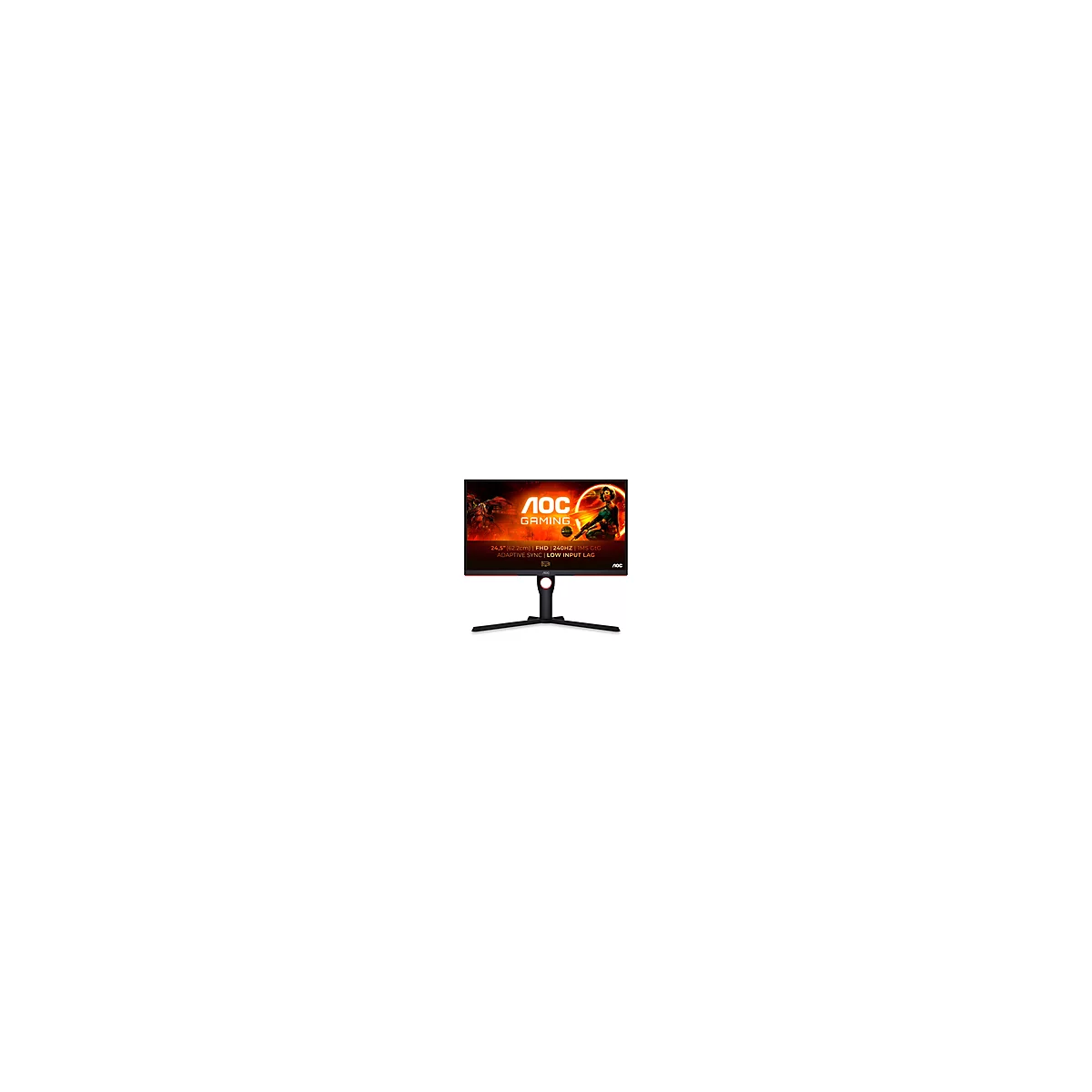 Schwarzer Gaming-Monitor mit roter Akzentfarbe, Anzeige von AOC Gaming mit technischen Spezifikationen und einem Gaming-Hintergrund.