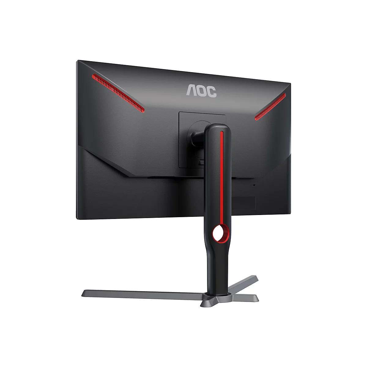 Rückseite eines schwarzen AOC Gaming-Monitors mit roten Akzenten und markantem Standfuß auf weißem Hintergrund.