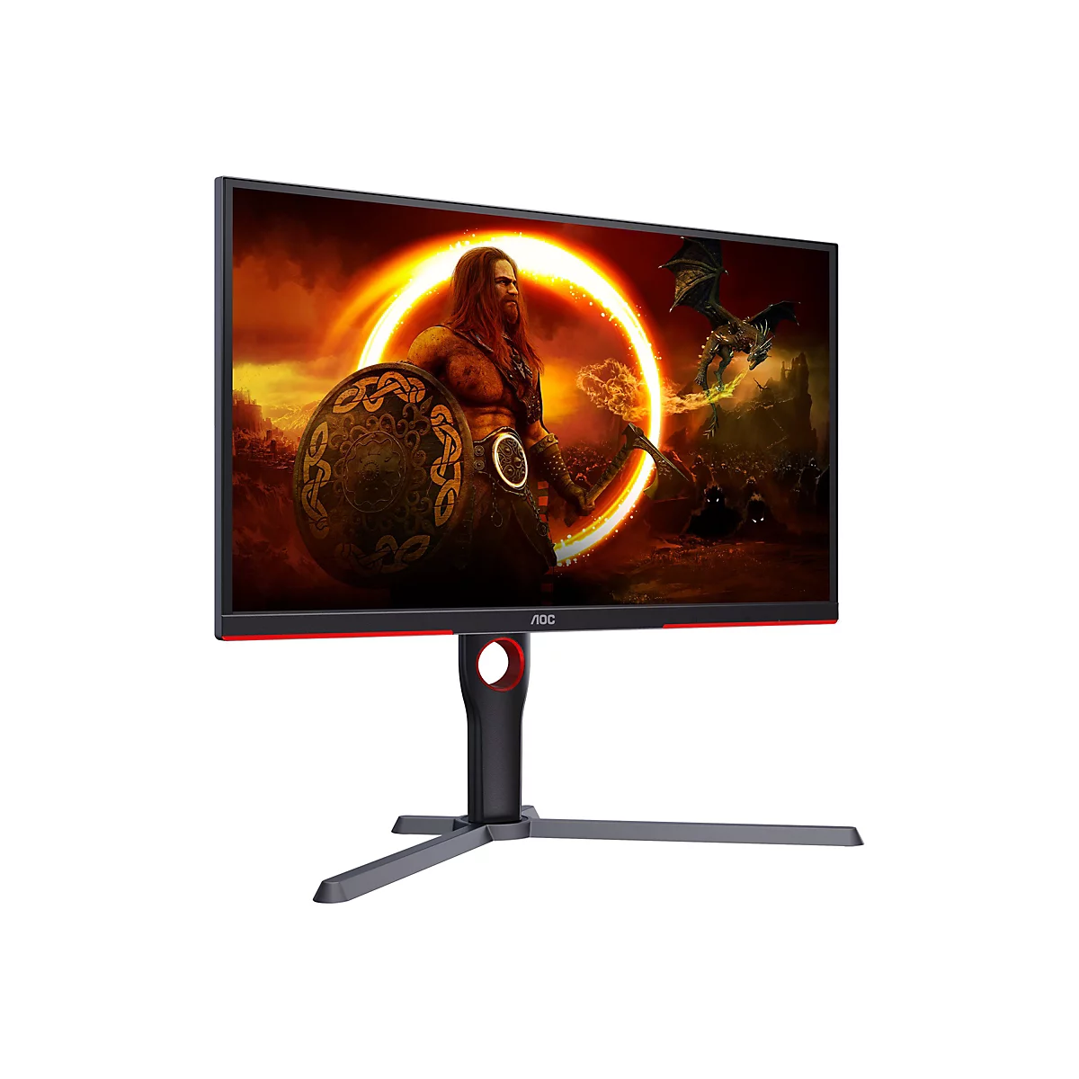 Gaming-Monitor von AOC mit einem Fantasy-Motiv auf dem Display, vor einem weißen Hintergrund.