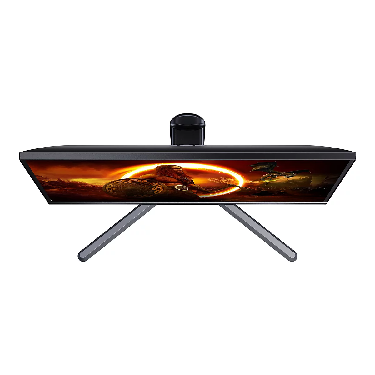 Draufsicht auf einen Gaming-Monitor. Der Bildschirm zeigt ein Fantasy-Motiv. Auf der Rückseite ist ein Schwenkarm befestigt. Der Monitor steht auf zwei metallgrauen Beinen.