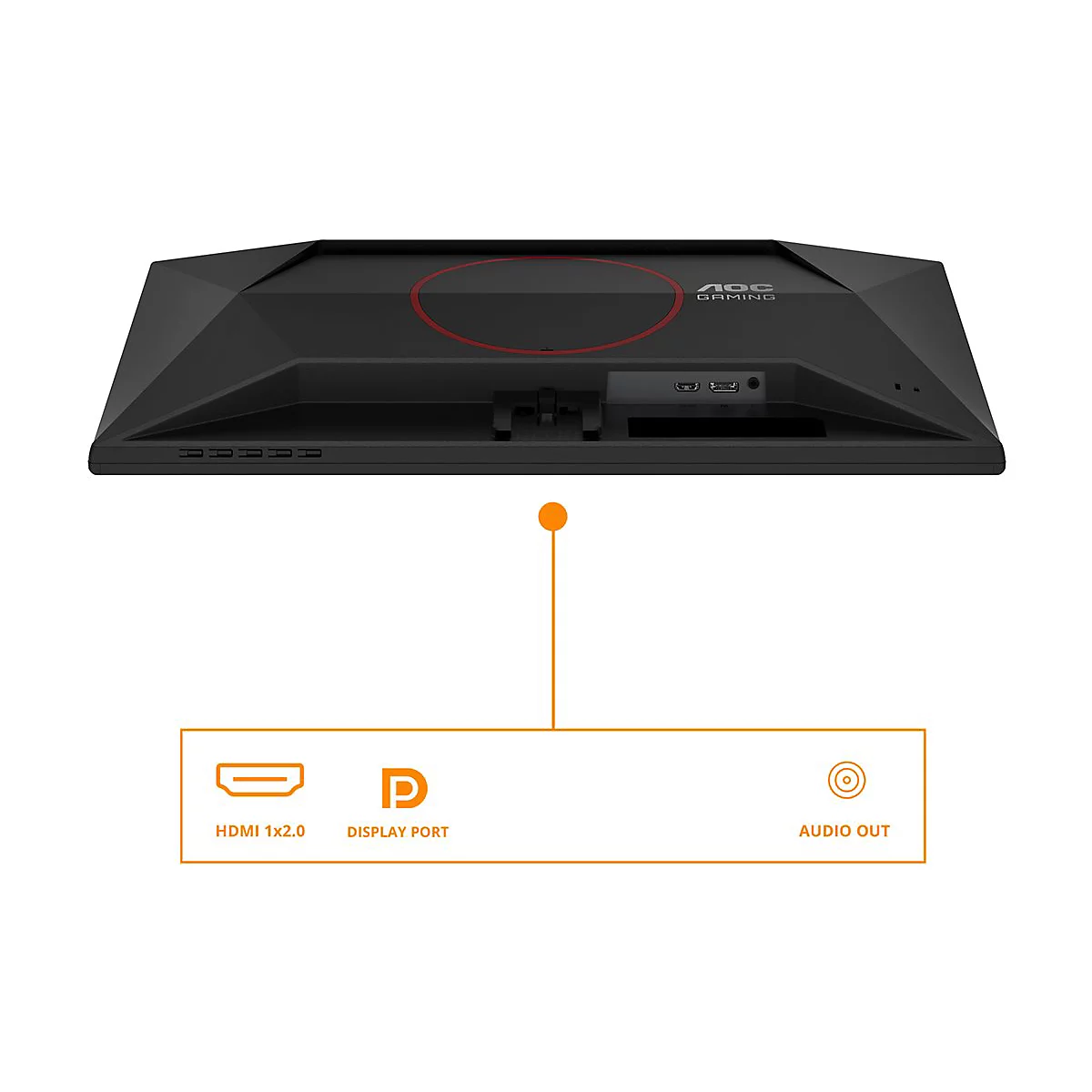 Rückseite eines schwarzen Gaming-Monitors mit Anschlüssen für HDMI, DisplayPort und Audioausgang. Der Monitor hat ein rotes Designelement.