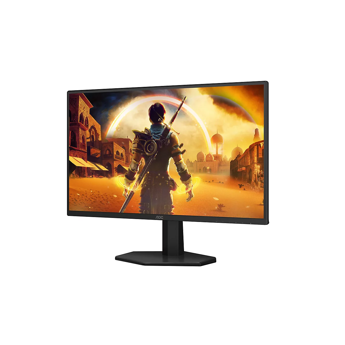 Schwarzer AOC-Gaming-Monitor mit dünnen Rändern vor weißem Hintergrund, zeigt eine Fantasy-Spielszene.