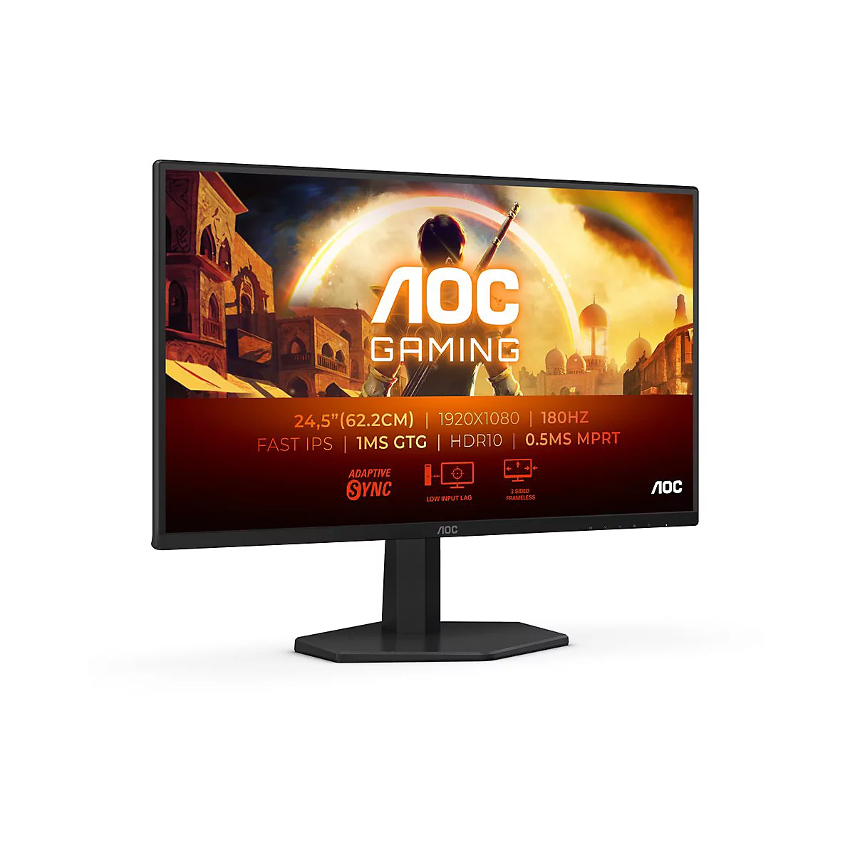 Schwarzer AOC Gaming Monitor mit einem Szenenbild. Technische Daten: 24,5 Zoll, 180Hz, 1920x1080 Auflösung, HDR10, Low Input Lag, 3-seitig rahmenlos.