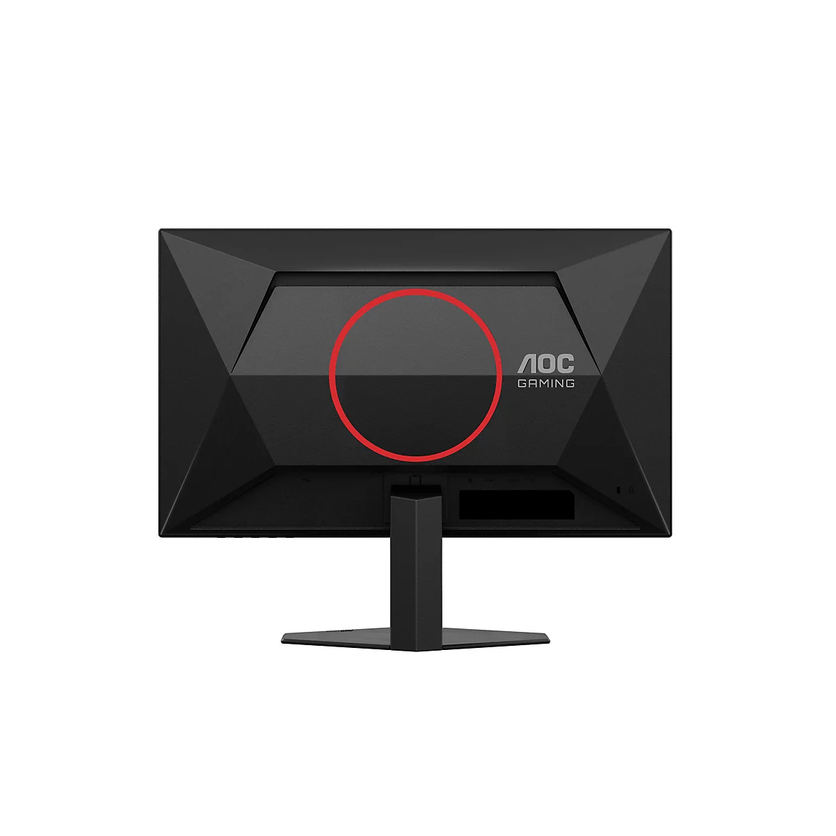 Rückseite eines schwarzen Gaming-Monitors mit dem Logo „AOC Gaming“. Der Monitor hat eine kantige Formgebung.