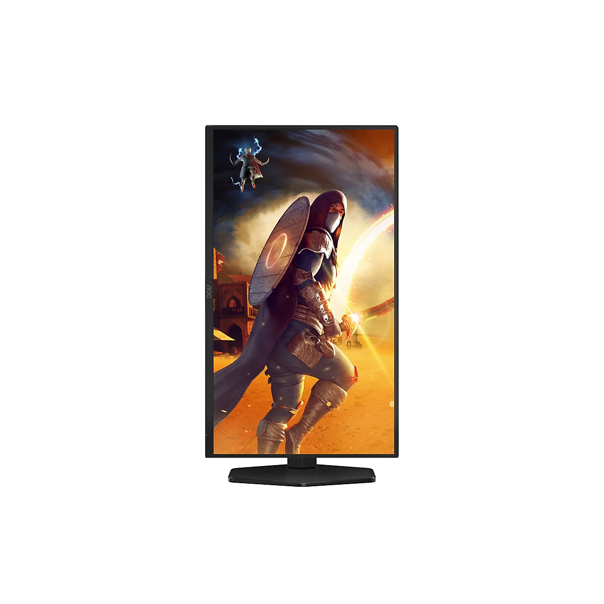 Hochkant aufgestellter Gaming-Monitor von AOC mit Anzeige eines Fantasy-Kampfspiels vor weißem Hintergrund.