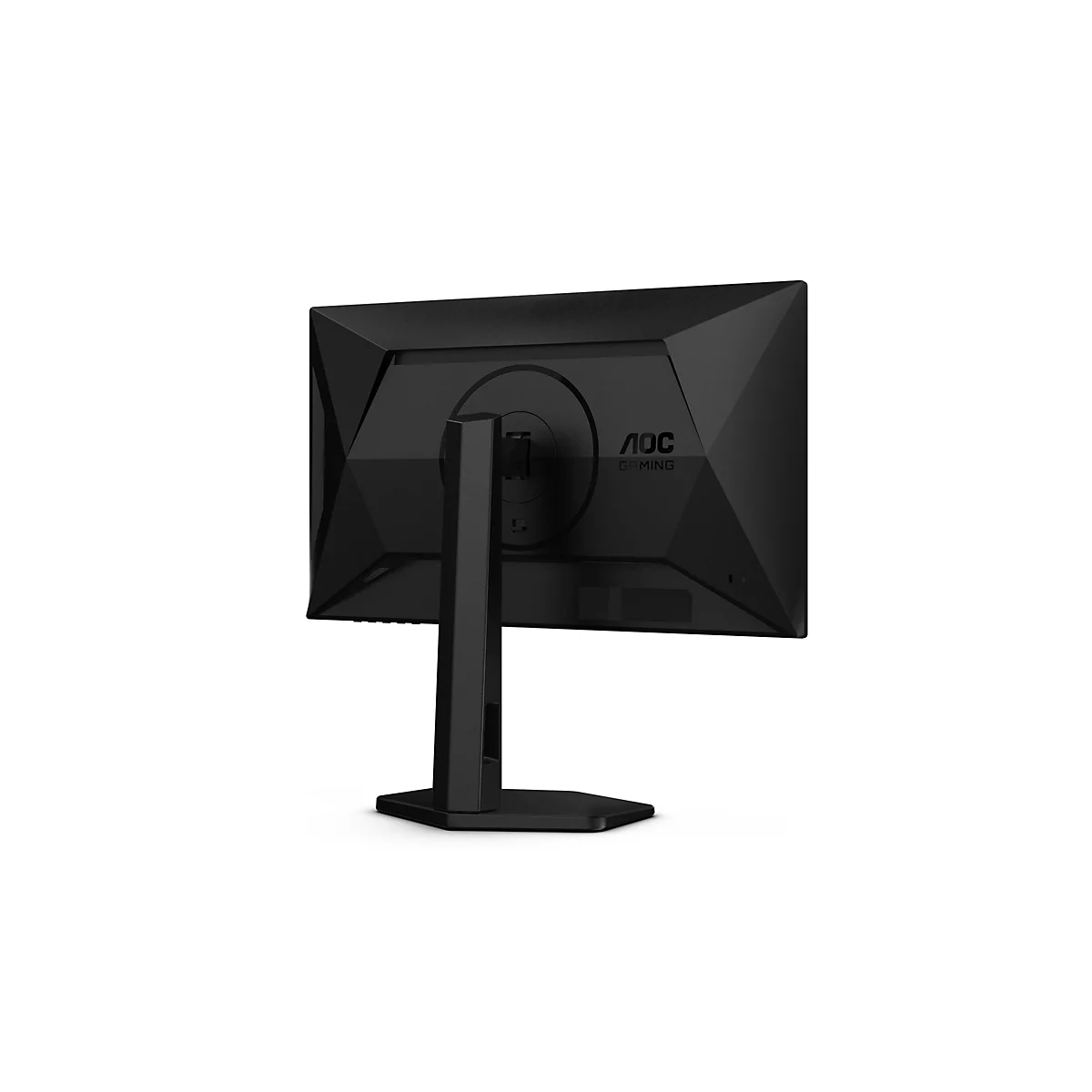 Rückansicht eines schwarzen AOC Gaming-Monitors auf weißem Hintergrund. Der Monitor ist auf seinem Ständer platziert und zeigt das Logo 'AOC Gaming'.