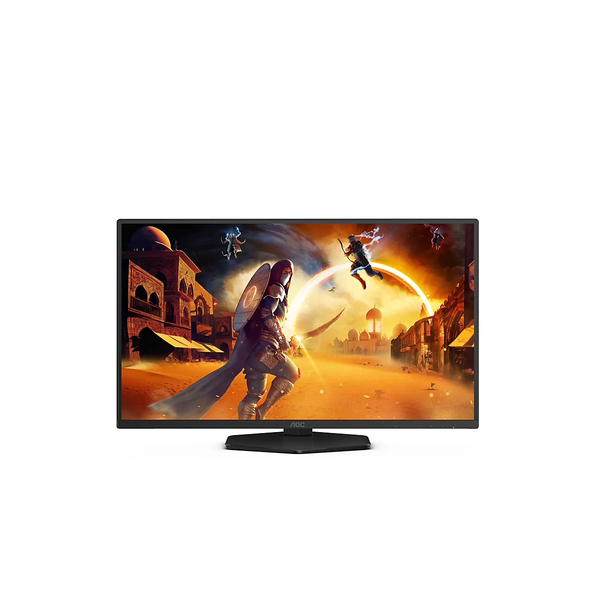 AOC Monitor vor weißem Hintergrund zeigt eine actionreiche Fantasy-Spielszene in einer Wüstenstadt.