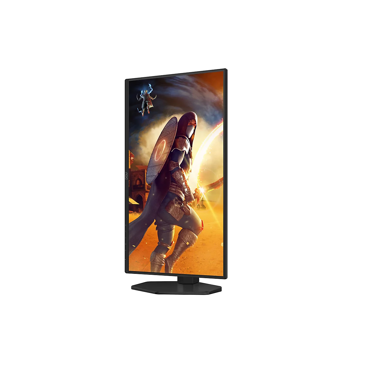 Ein hochkant aufgestellter AOC Gaming-Monitor zeigt einen actiongeladenen Fantasy-Charakter vor hellem Hintergrund.