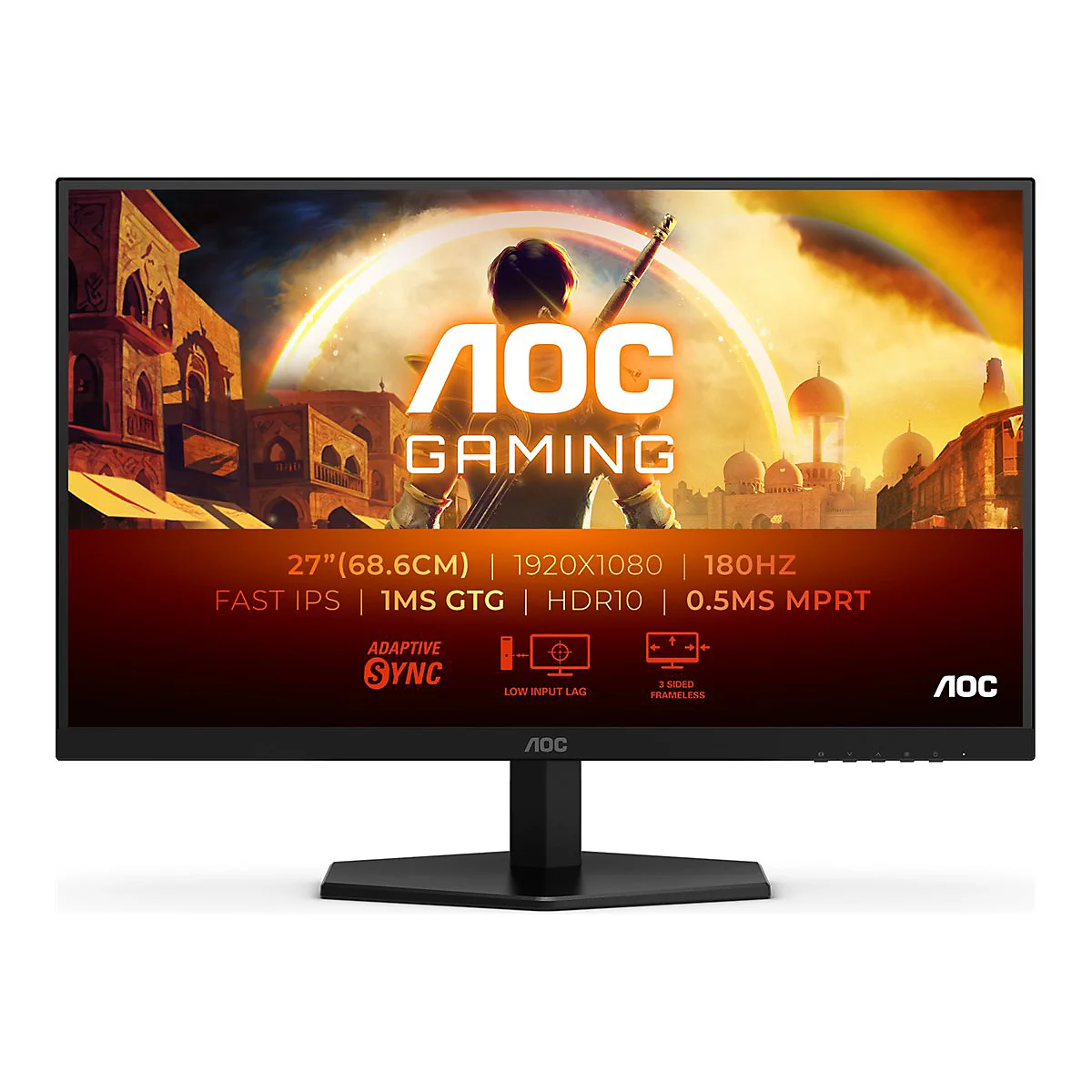 Schwarzer AOC-Gaming-Monitor mit einem bunten Hintergrund. Der Bildschirm zeigt Logos und Spezifikationen wie 27 Zoll, 180 Hz.