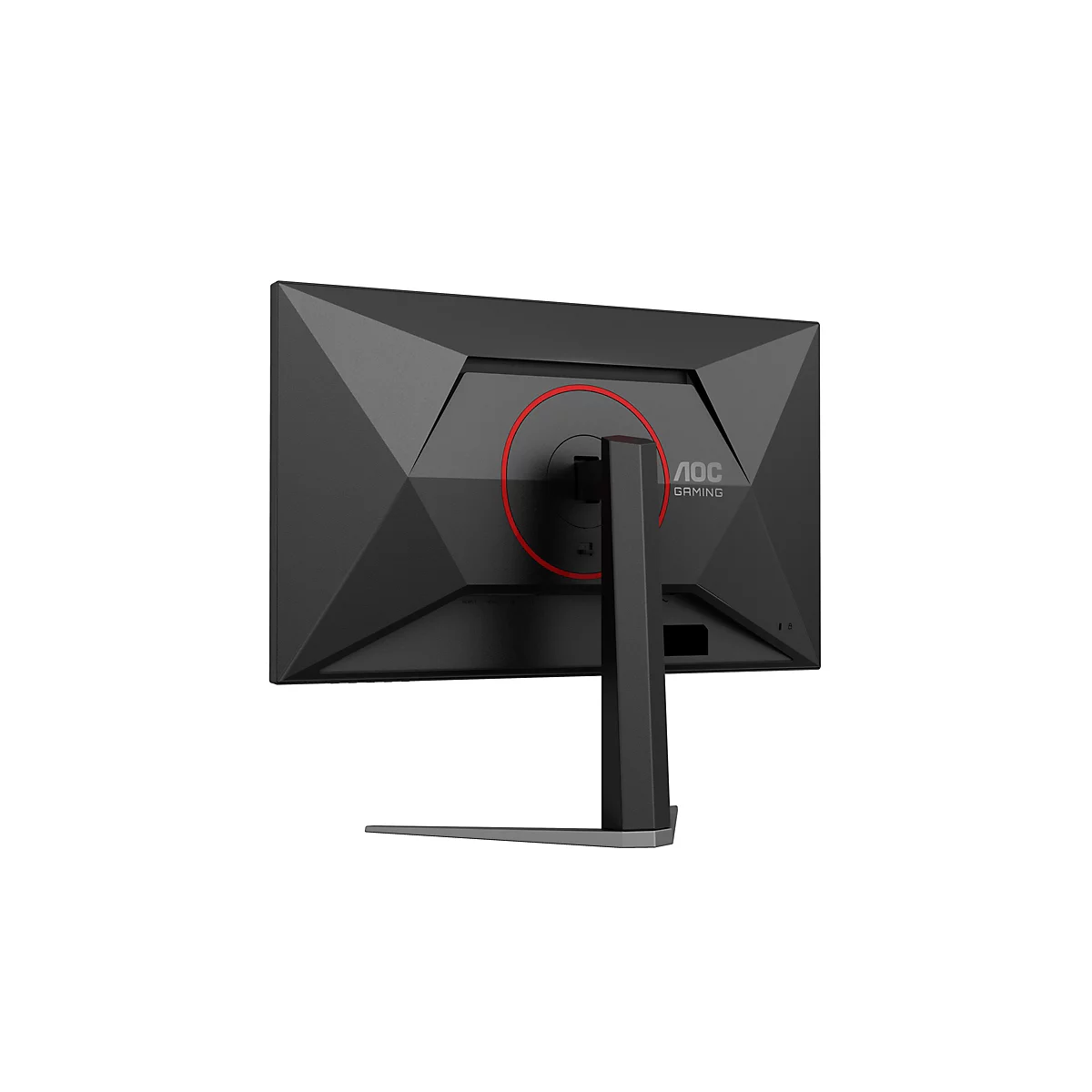 Rückseite eines schwarzen Gaming-Monitors mit rotem Kreis, AOC-Logo und Standfuß.