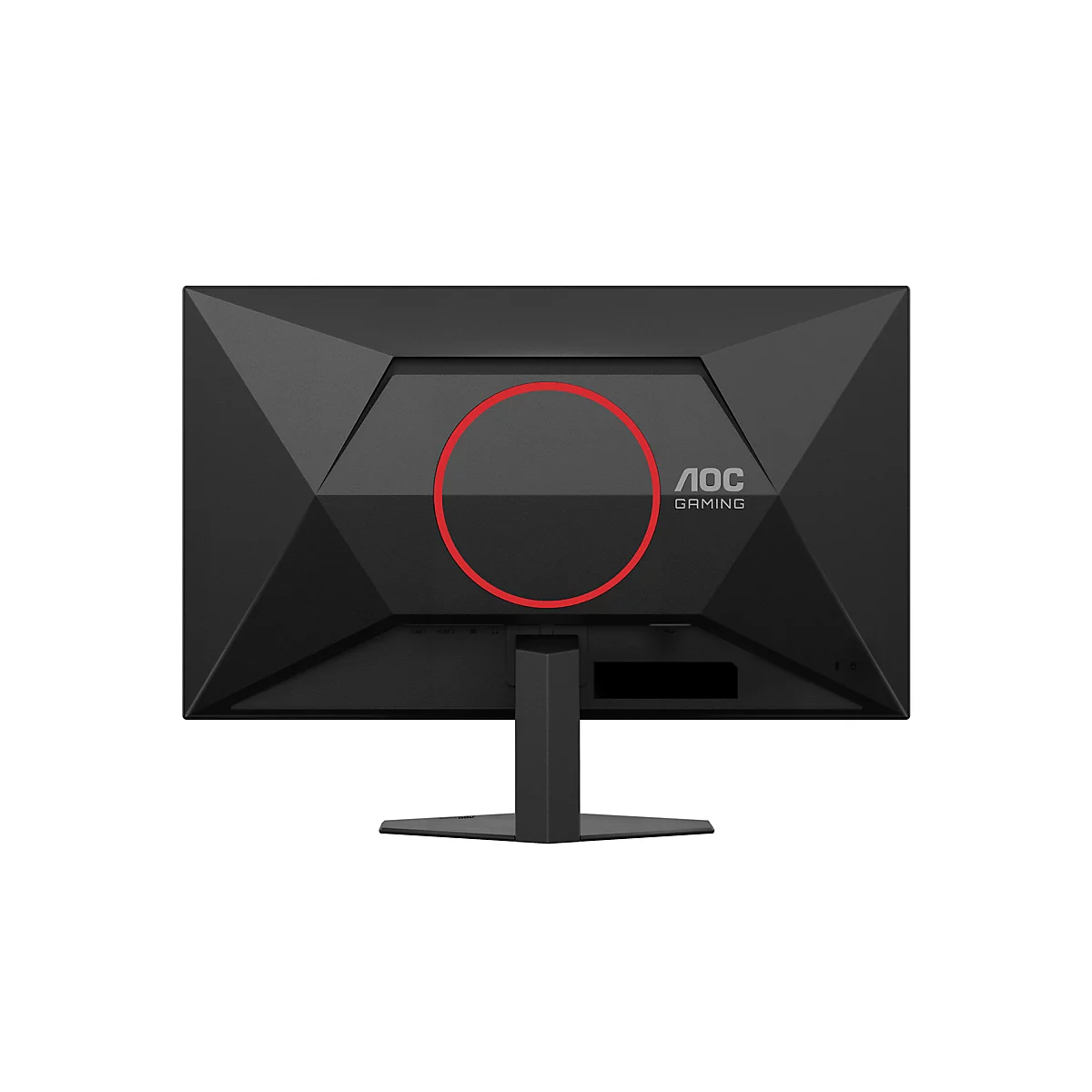 Schwarzer Gaming Monitor, Rückseite. Roter Ring, AOC Logo, Anschlüsse unten.