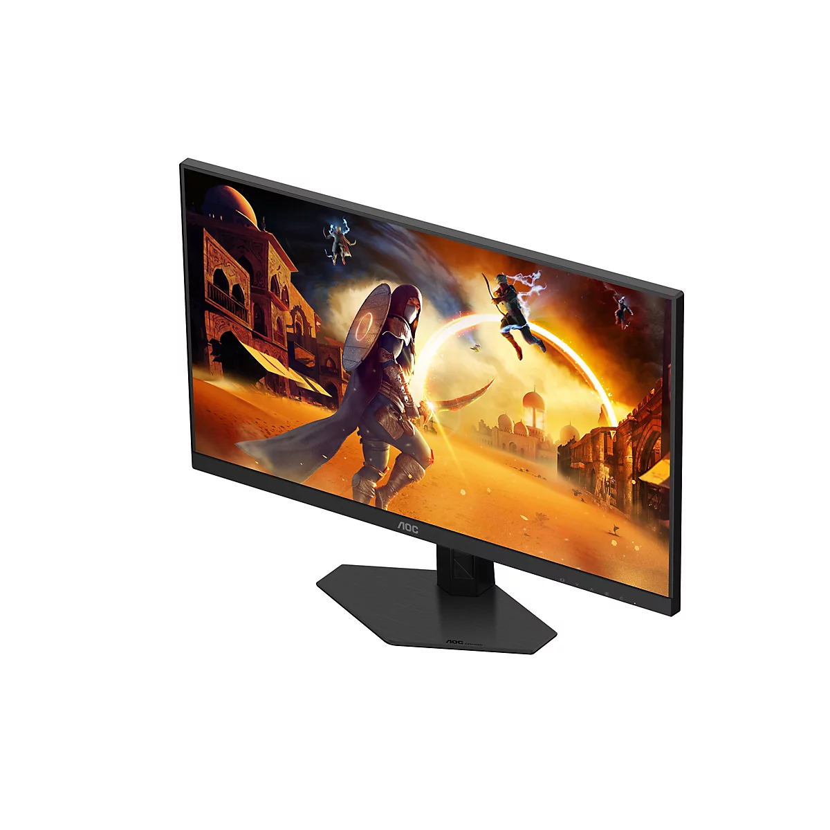 AOC-Gaming-Monitor mit einem aufregenden Fantasy-Kampf-Hintergrundbild. Das Display zeigt ein detailreiches Szenario mit Figuren, Gebäuden und einem strahlenden Himmel.