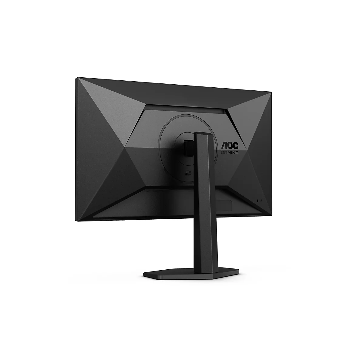 Rückseite eines schwarzen AOC Gaming-Monitors mit kantigem Design und Standfuß vor weißem Hintergrund.