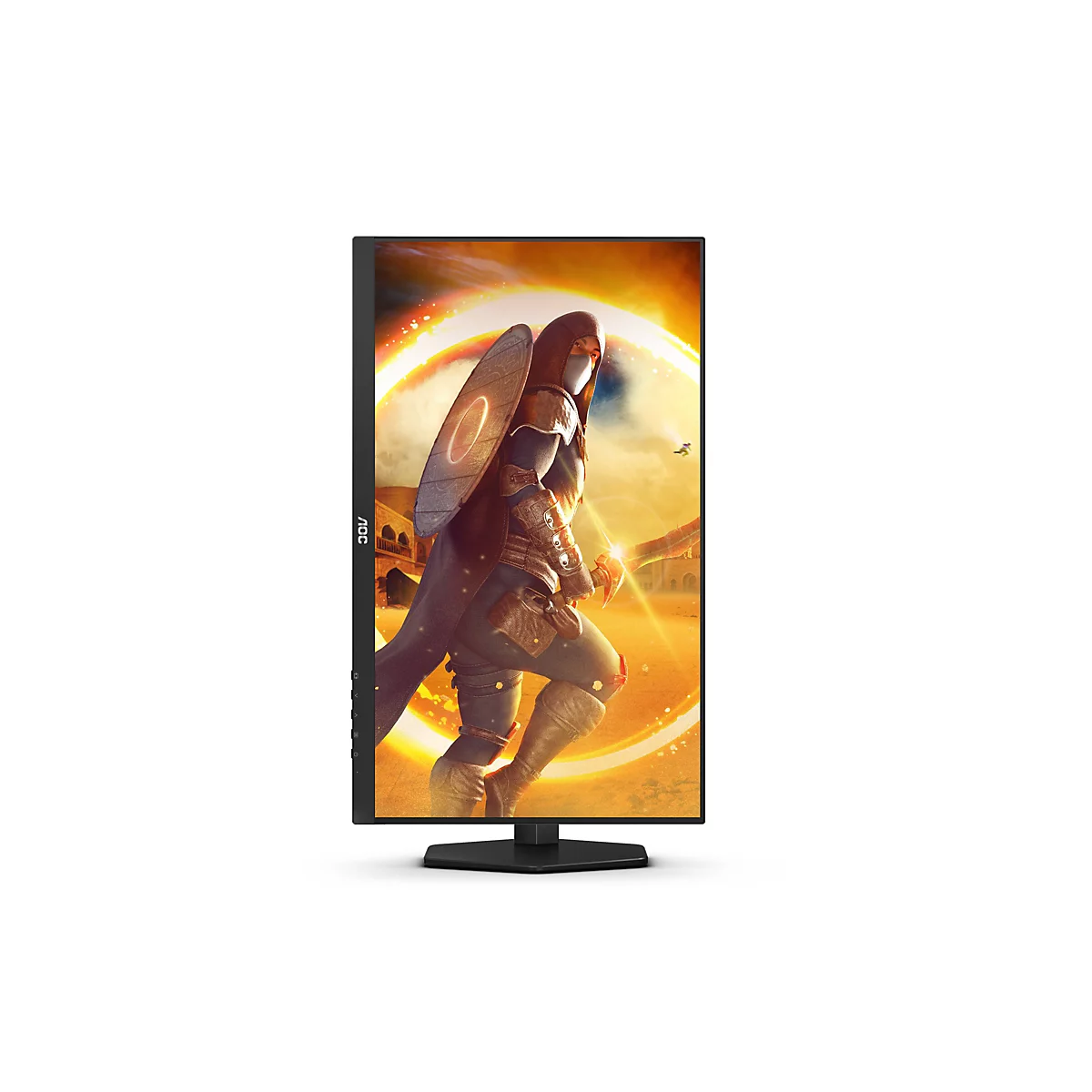 AOC Monitor im Hochformat mit einem actionreichen Fantasy-Spielcharakter als Hintergrundbild.