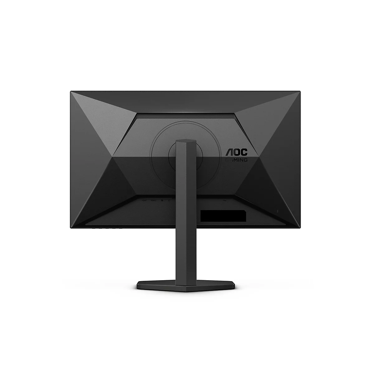 Rückseite eines schwarzen AOC Gaming-Monitors mit kantigem Design und zentralem Standfuß auf weißem Hintergrund.