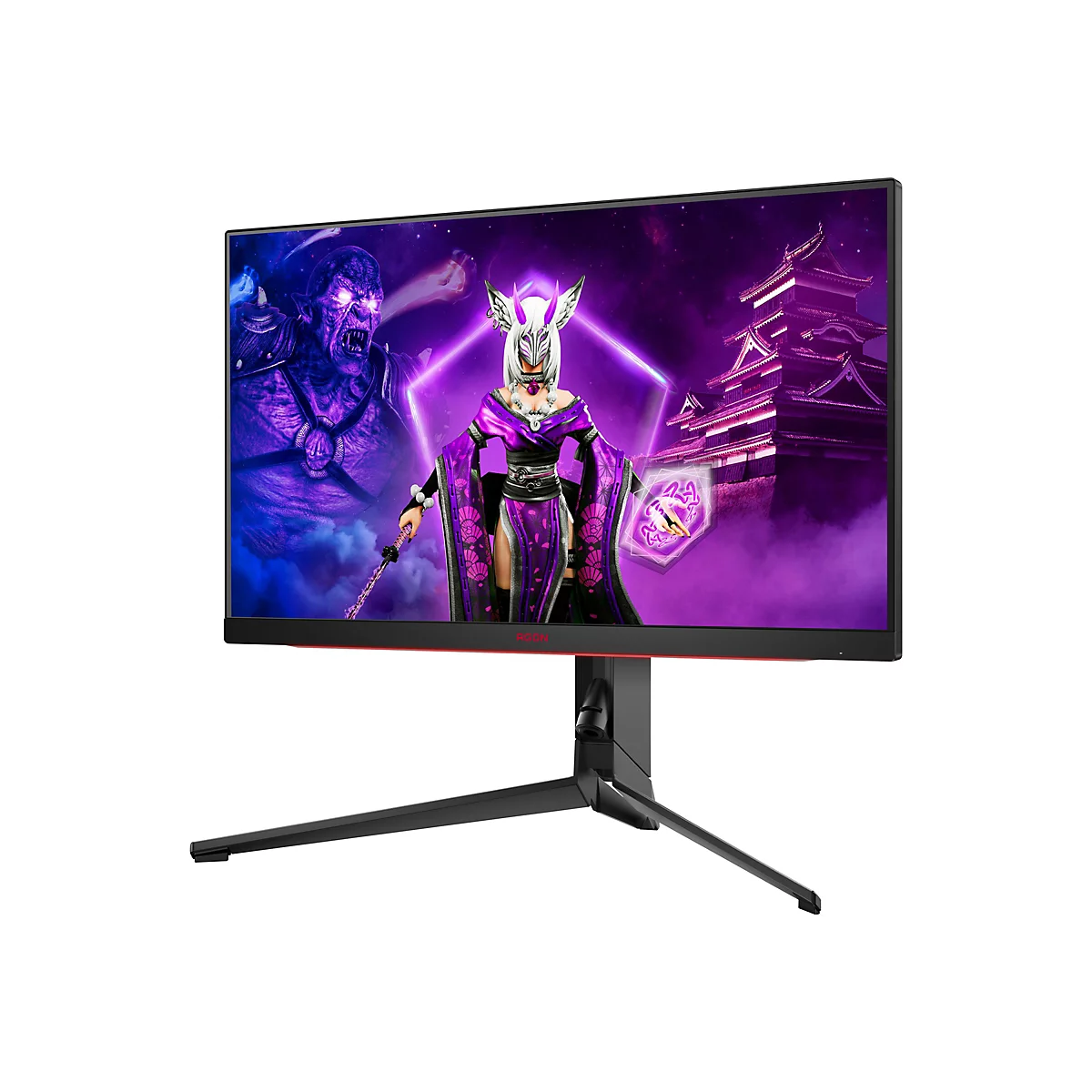 Gaming-Monitor mit schlankem Standfuß, zeigt eine violette Fantasy-Spielszene.