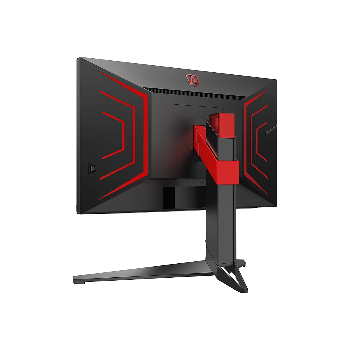 Rückseite eines schwarzen Gaming-Monitors mit roten Zierelementen und Standfuß vor weißem Hintergrund.
