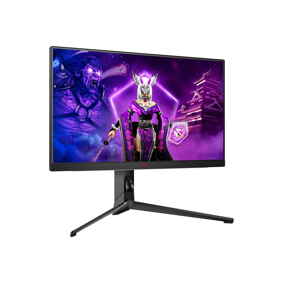 Gaming-Monitor mit schlankem Rahmen auf dreibeinigem Standfuß zeigt eine lila Fantasy-Spielszene.
