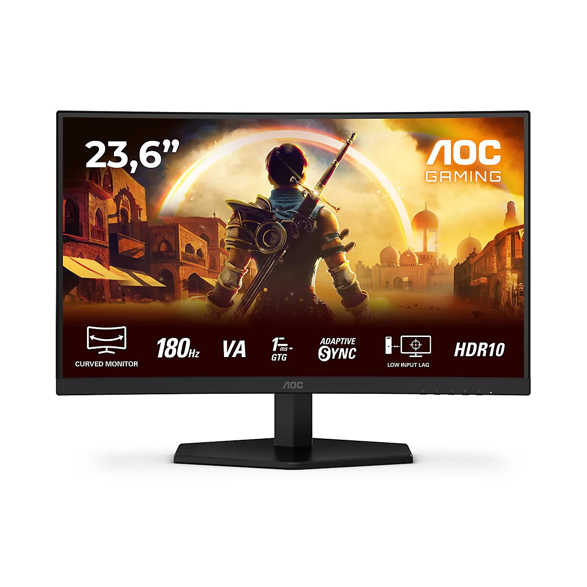 Schwarzer Curved-Monitor mit einem Spiel auf dem Bildschirm. Oben steht 23,6". Logos zeigen 180Hz, HDR10 und Adaptive Sync.