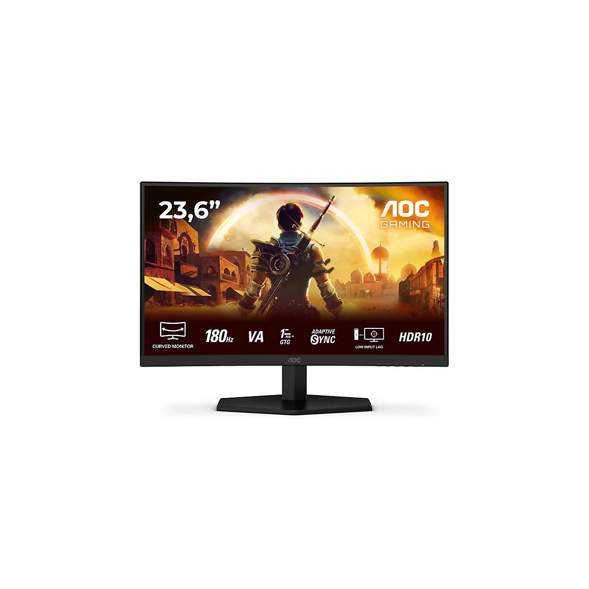 Ein schwarzer, gebogener AOC Gaming Monitor mit einem Bildschirm, der ein Videospiel zeigt. Auf dem Bildschirm sind die Informationen 23,6", 180Hz, HDR10, Low Input Lag und adaptive Sync angezeigt.