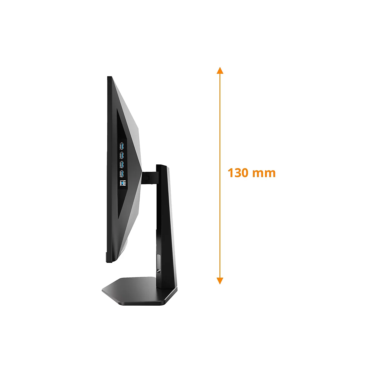 Seitenansicht eines schwarzen Monitors mit Anschlüssen, 130 mm Höhe durch Pfeil angezeigt.