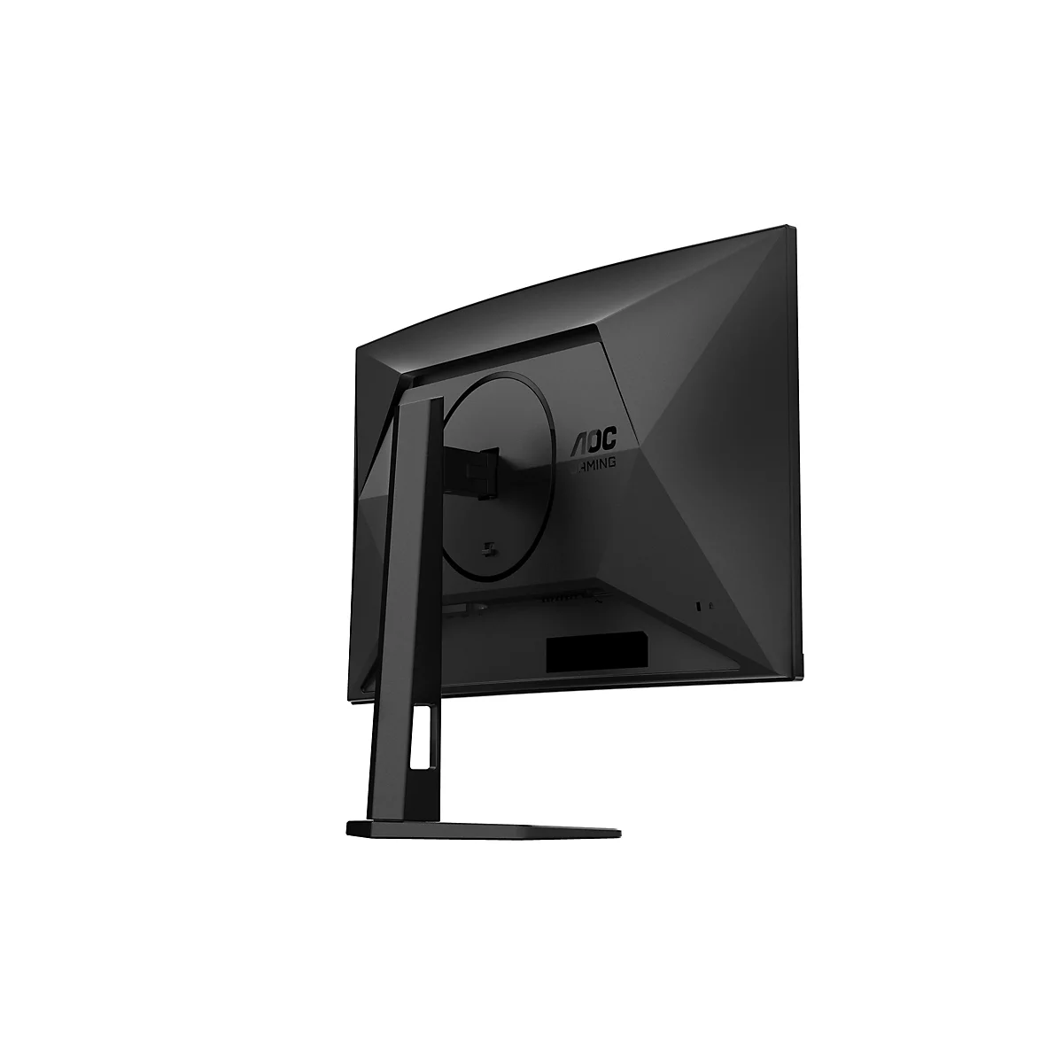 Schwarzer Gaming Monitor, Rückansicht. Sichtbar sind das AOC-Logo, Anschlüsse und der Standfuß.