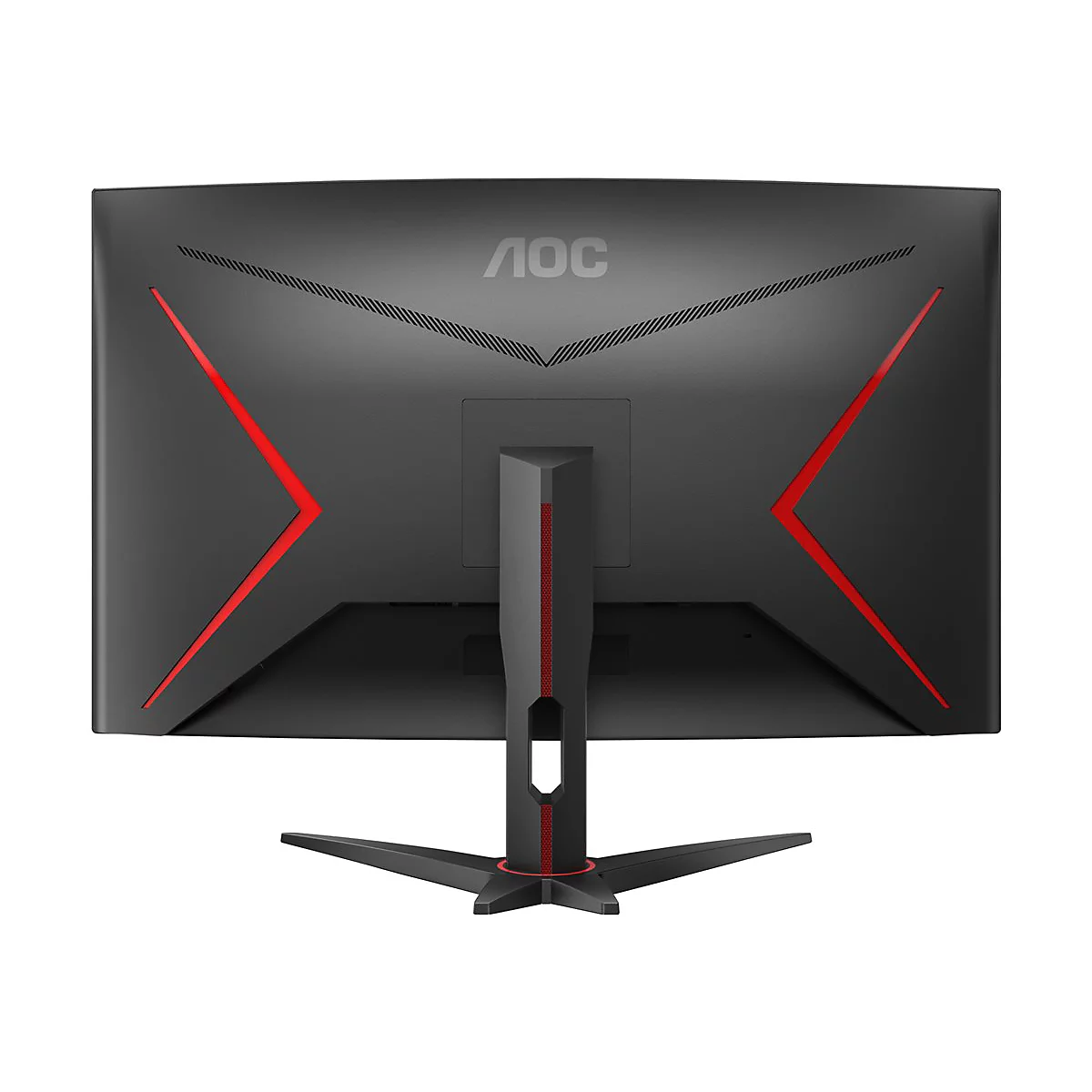 RÃ¼ckseite eines schwarzen AOC-Monitors mit roten Akzenten. Das Logo AOC ist oben mittig zu sehen.