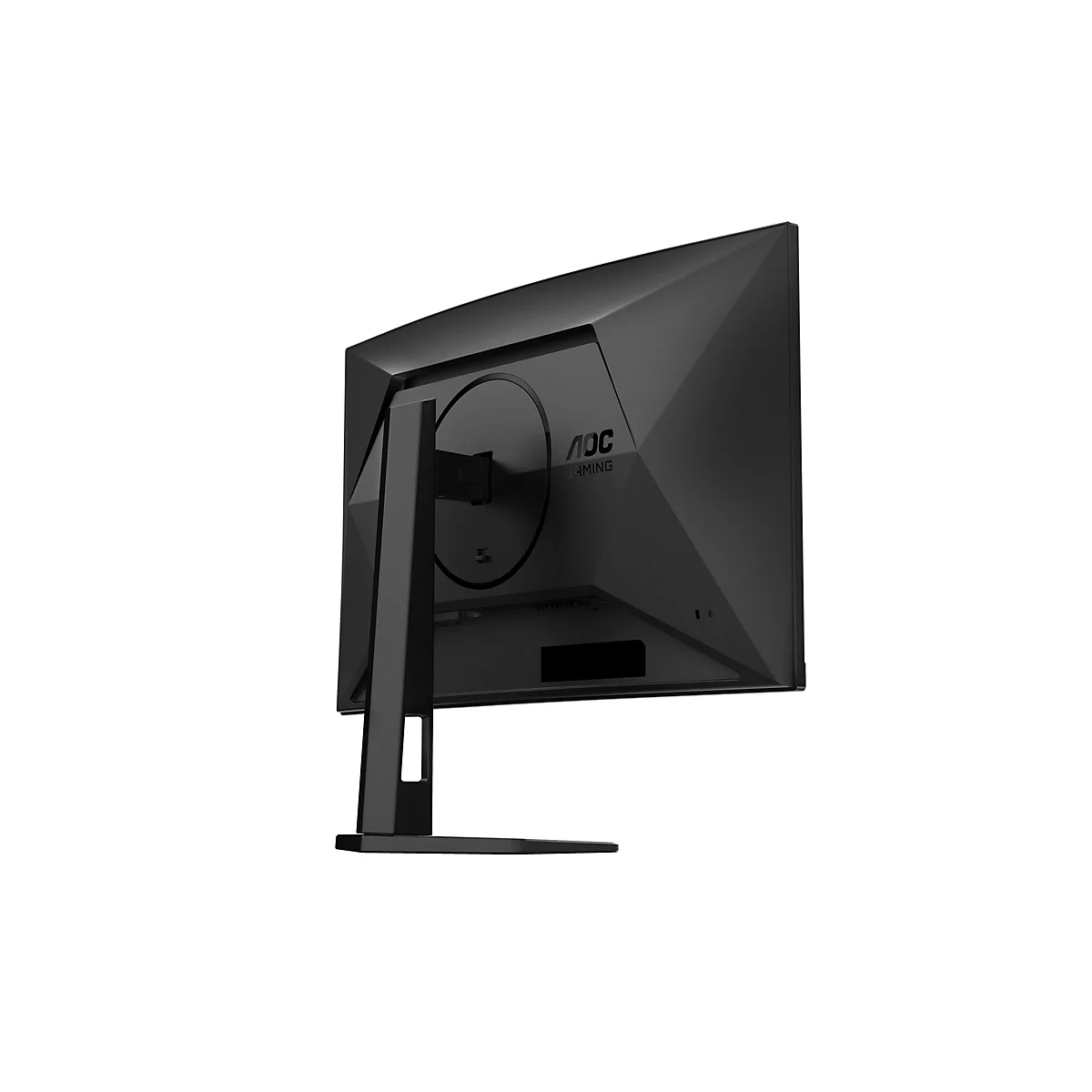 Schwarzer Gaming Monitor, Rückansicht. AOC Logo, Gaming Schriftzug, Monitorständer und -fuß.