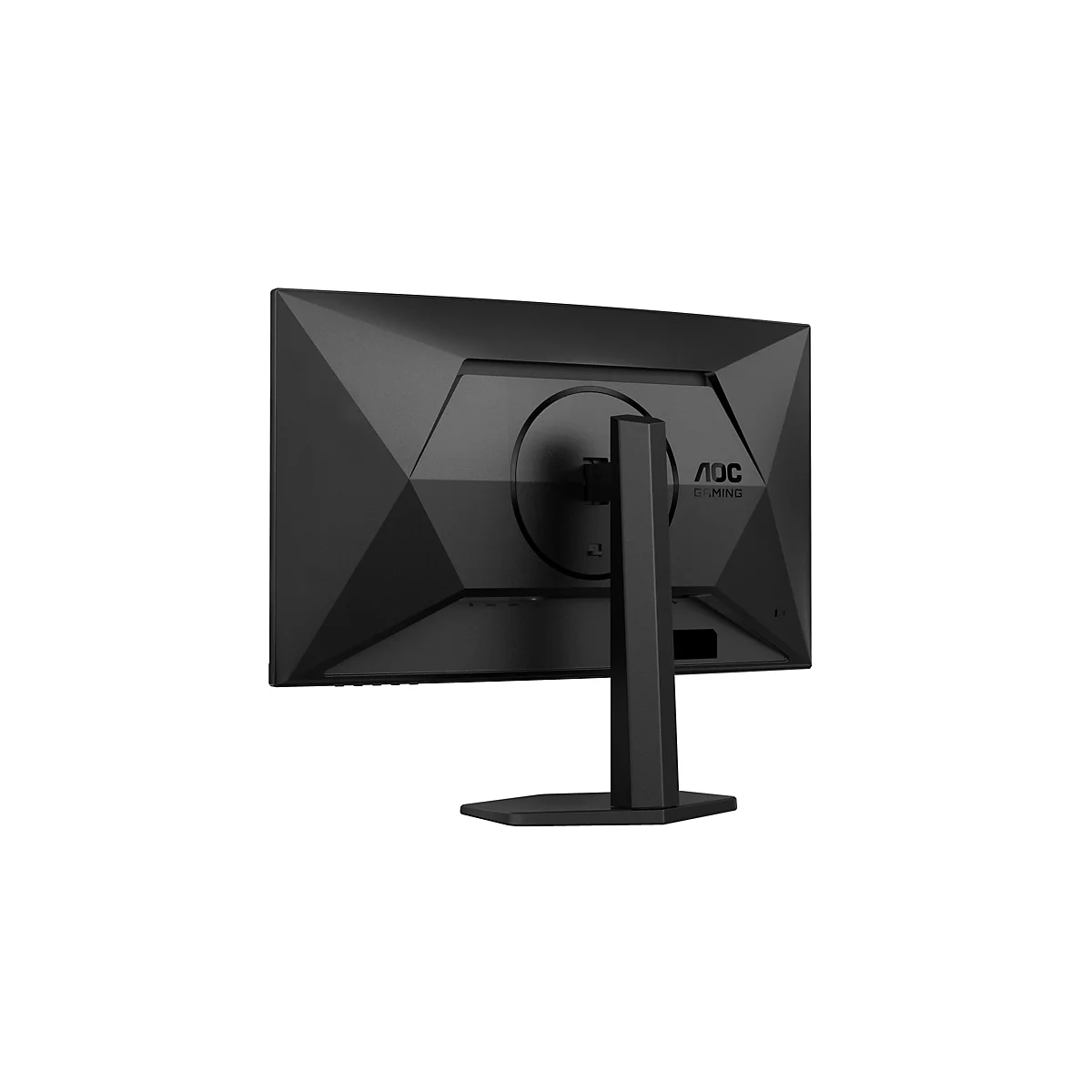 Rückansicht eines schwarzen AOC Gaming Monitors. Der Monitor steht vor einem weißen Hintergrund. Auf der Rückseite ist das AOC-Logo und der Schriftzug "Gaming" zu sehen.