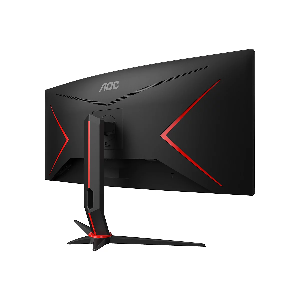 Rückansicht eines schwarzen AOC-Gaming-Monitors. Rote Streifen zieren das Gehäuse, ebenso das AOC-Logo. Der Standfuß ist ebenfalls rot und schwarz.