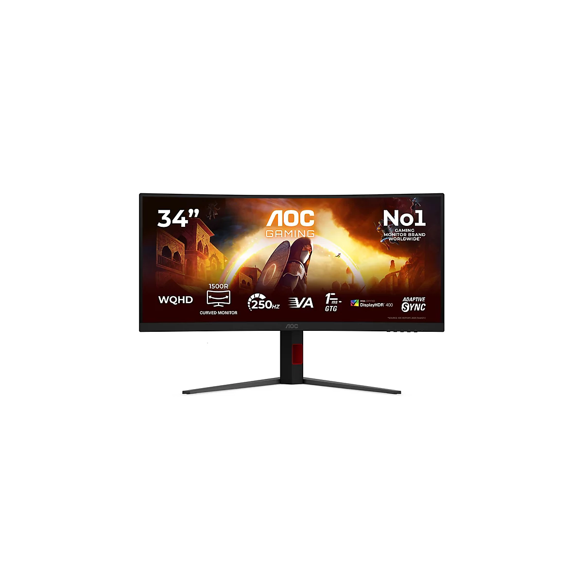 Schwarzer 34-Zoll AOC Gaming-Monitor mit Curved-Display und technischen Highlights vor weißem Hintergrund.
