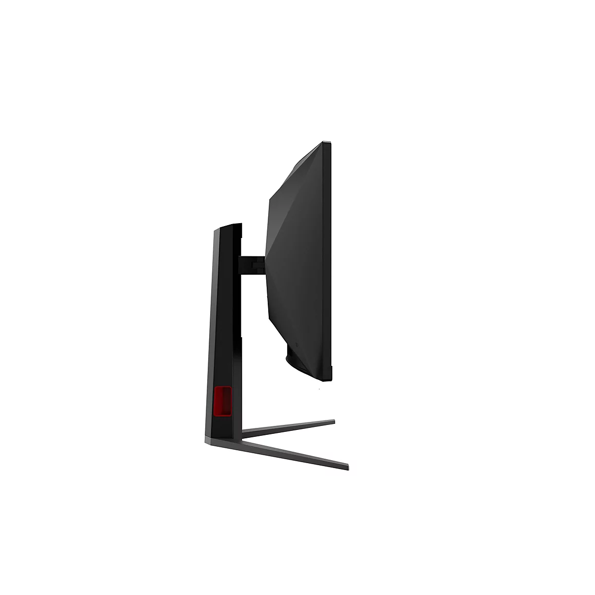 Seitenansicht eines schwarzen Gaming-Monitors mit schmalem Standfuß und rotem Akzent vor weißem Hintergrund.