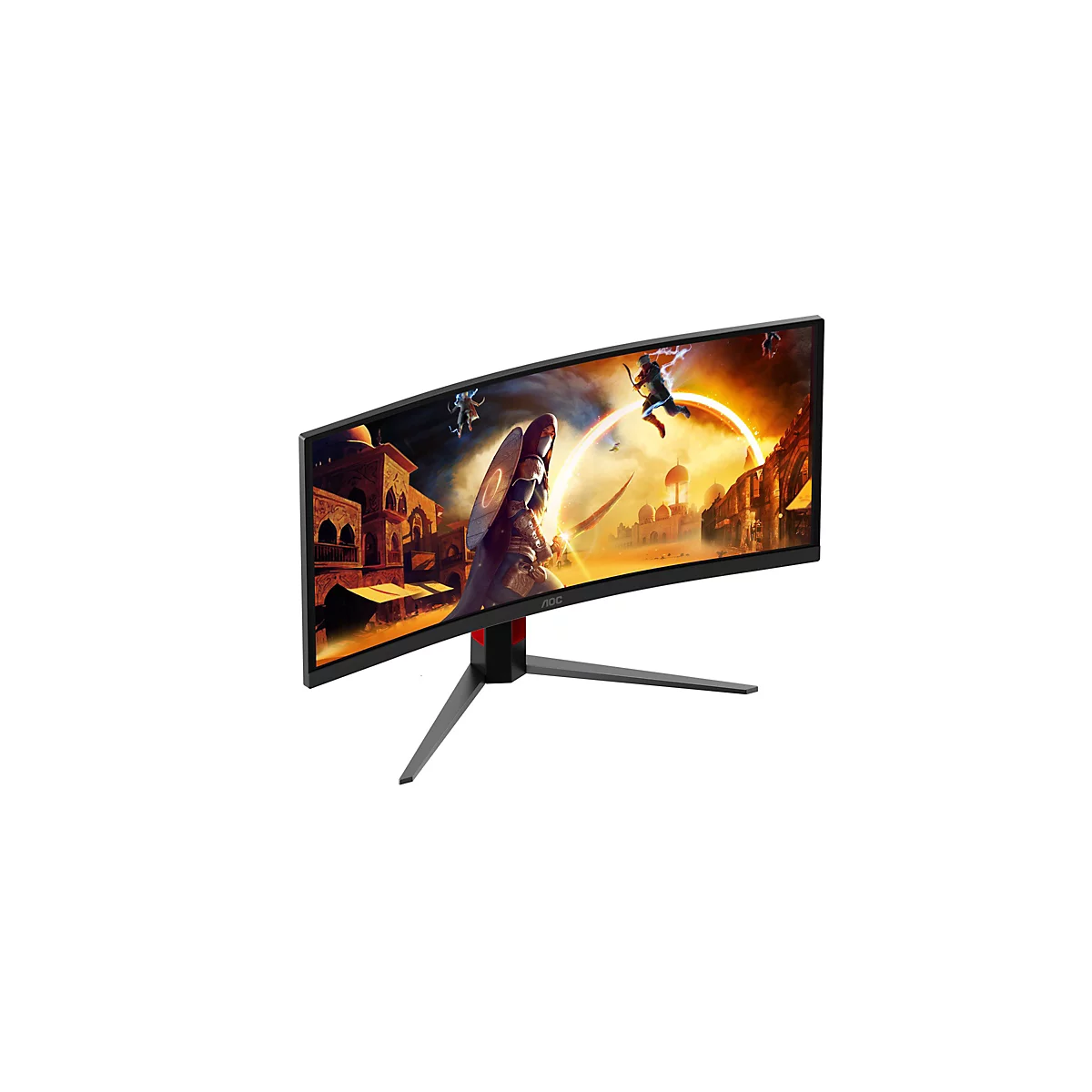 Gebogener AOC Gaming-Monitor mit einem Fantasy-Spielbild auf dem Display vor weißem Hintergrund.