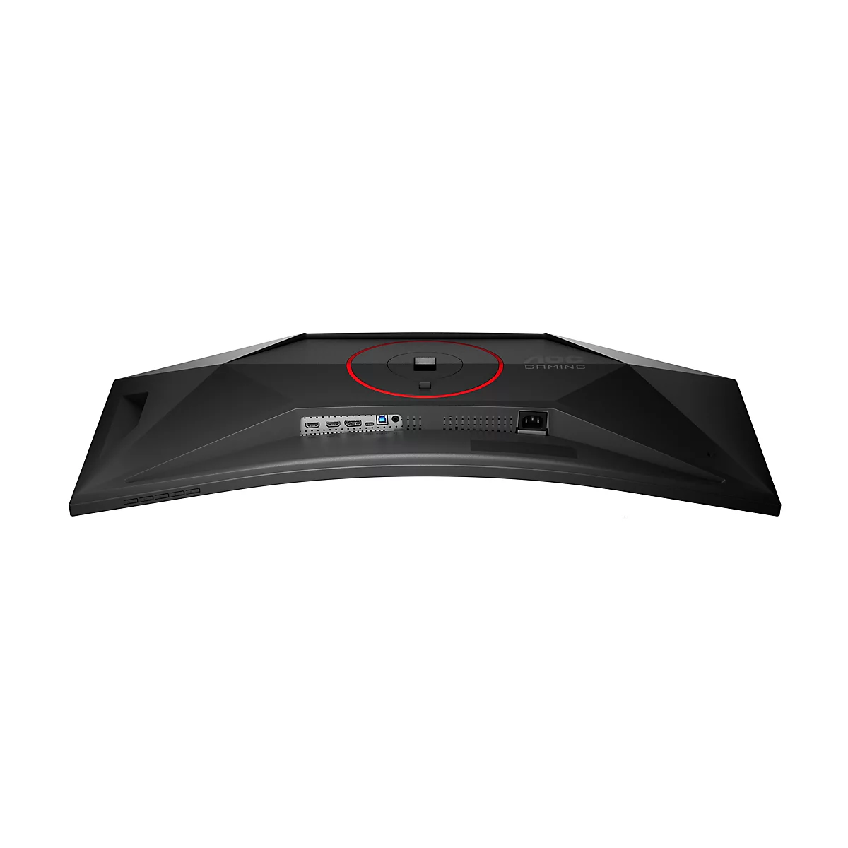 Rückansicht eines schwarzen AOC Gaming-Monitors mit Anschlüssen und rotem LED-Ring.