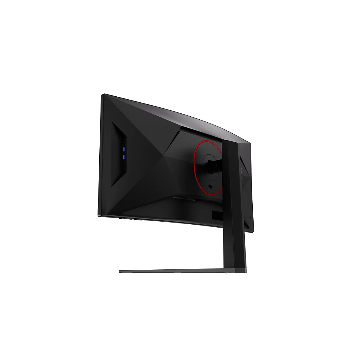 Rückansicht eines schwarzen Gaming-Monitors mit einem kantigen Design und einem roten Kreis-Akzent am Standfuß.