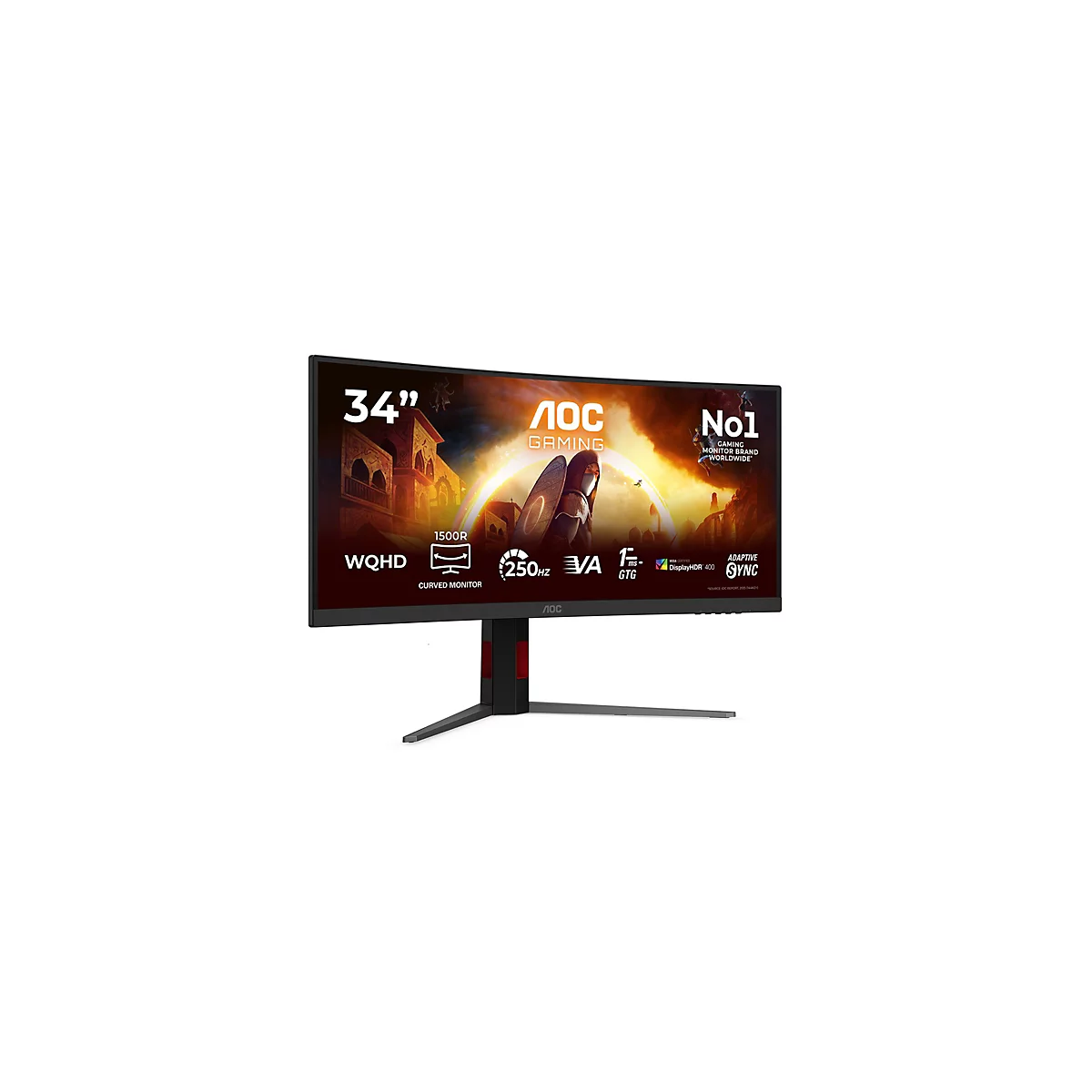 AOC 34 Zoll Curved Gaming Monitor mit WQHD-Auflösung, 250Hz und 1ms Reaktionszeit vor weißem Hintergrund.