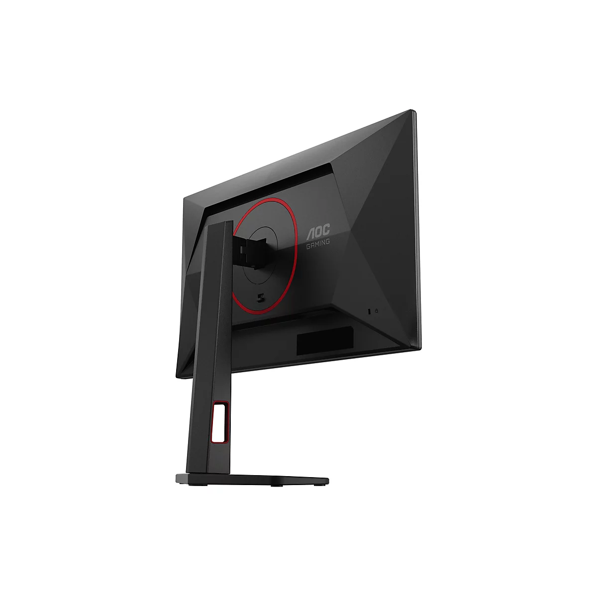 Schwarzer Gaming-Monitor von hinten, roter Akzentring um das AOC-Logo. Standfuß und Gehäuse schwarz.