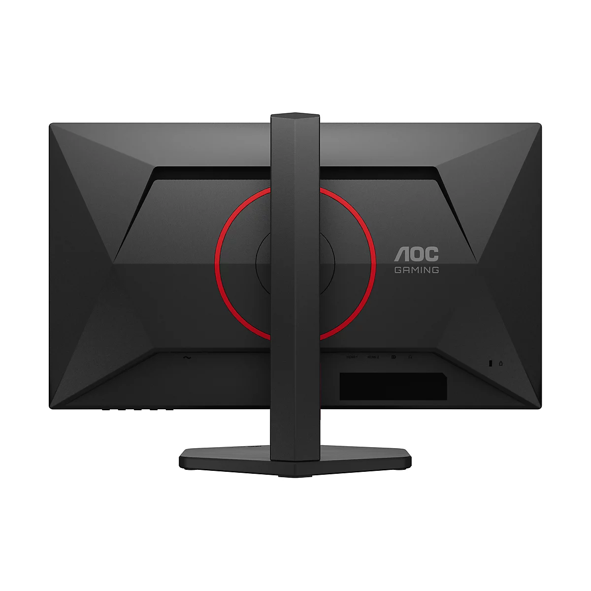 Rückseite eines schwarzen Gaming-Monitors mit rotem Kreis, AOC-Logo und Anschlüssen.