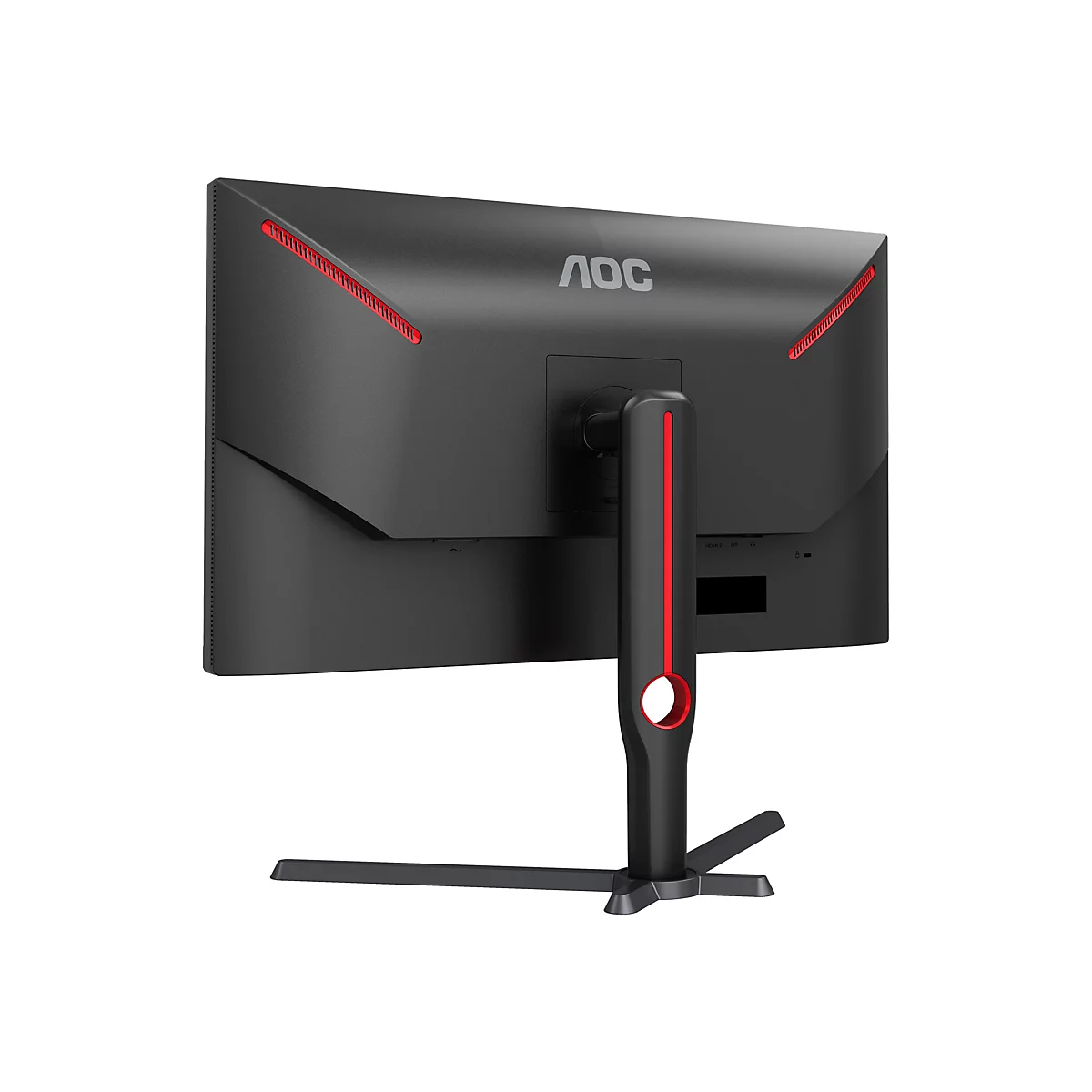 Rückansicht eines schwarzen Gaming-Monitors von AOC mit roten Akzenten und Standfuß vor weißem Hintergrund.