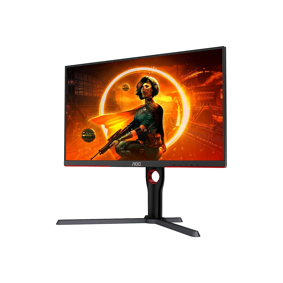 AOC Monitor. Auf dem Display ist eine Frau mit Schutzmaske und Waffe vor orangefarbener Kulisse zu sehen.