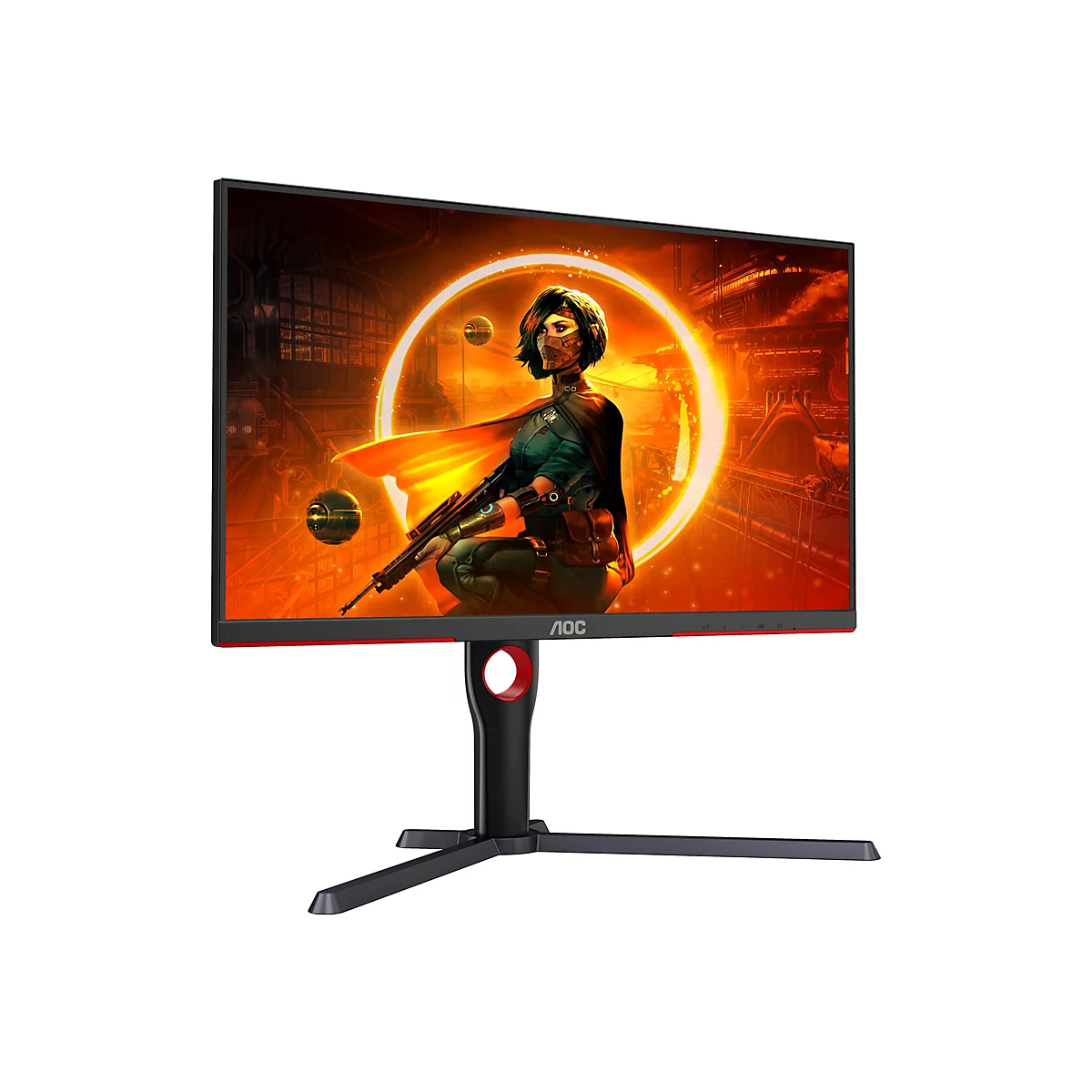 Ein AOC-Gaming-Monitor mit rotem und schwarzem Design. Auf dem Bildschirm ist ein Action-Spiel-Artwork zu sehen.