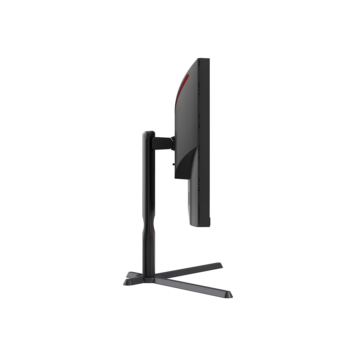 Seitliche Ansicht eines schwarzen Gaming-Monitors mit schmalem Standfuß auf weißem Hintergrund.