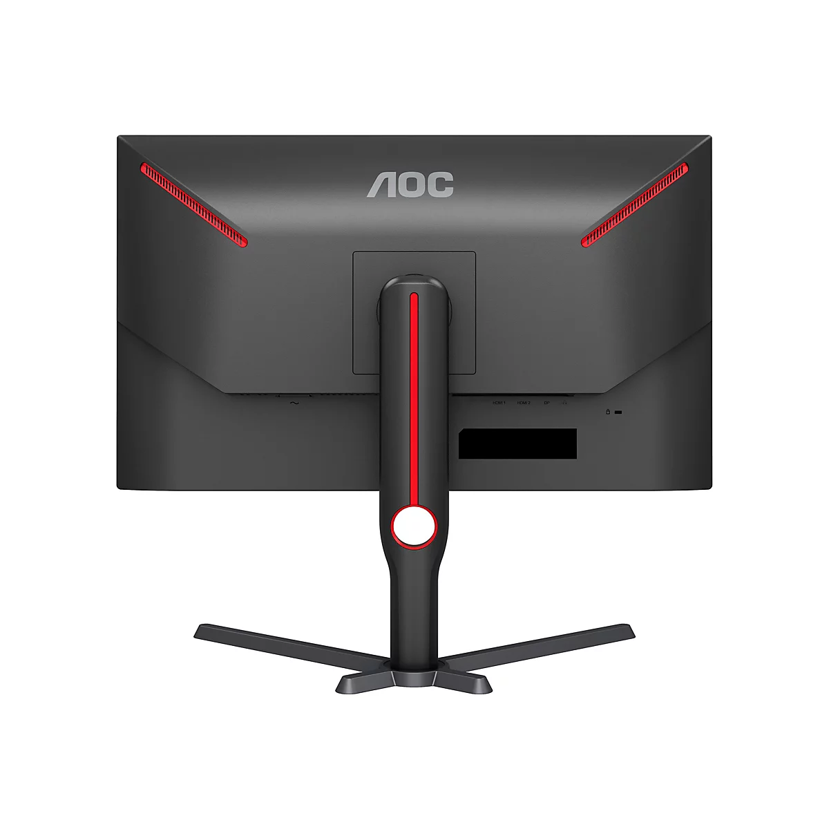 Rückseite eines schwarzen AOC-Monitors, rote Akzente. Anschlüsse: HDMI, DP. Unten ein Standfuß.
