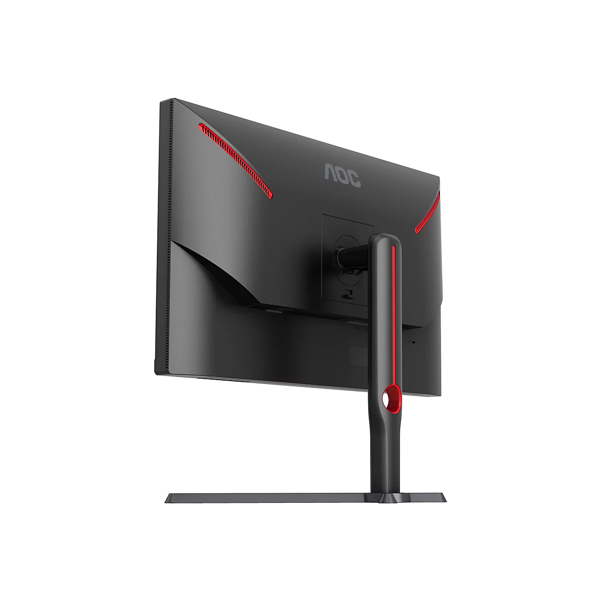 Der schwarze AOC-Monitor von hinten, roter Akzent. Standfuß und Gehäuse schwarz, roter Streifen. AOC-Logo.