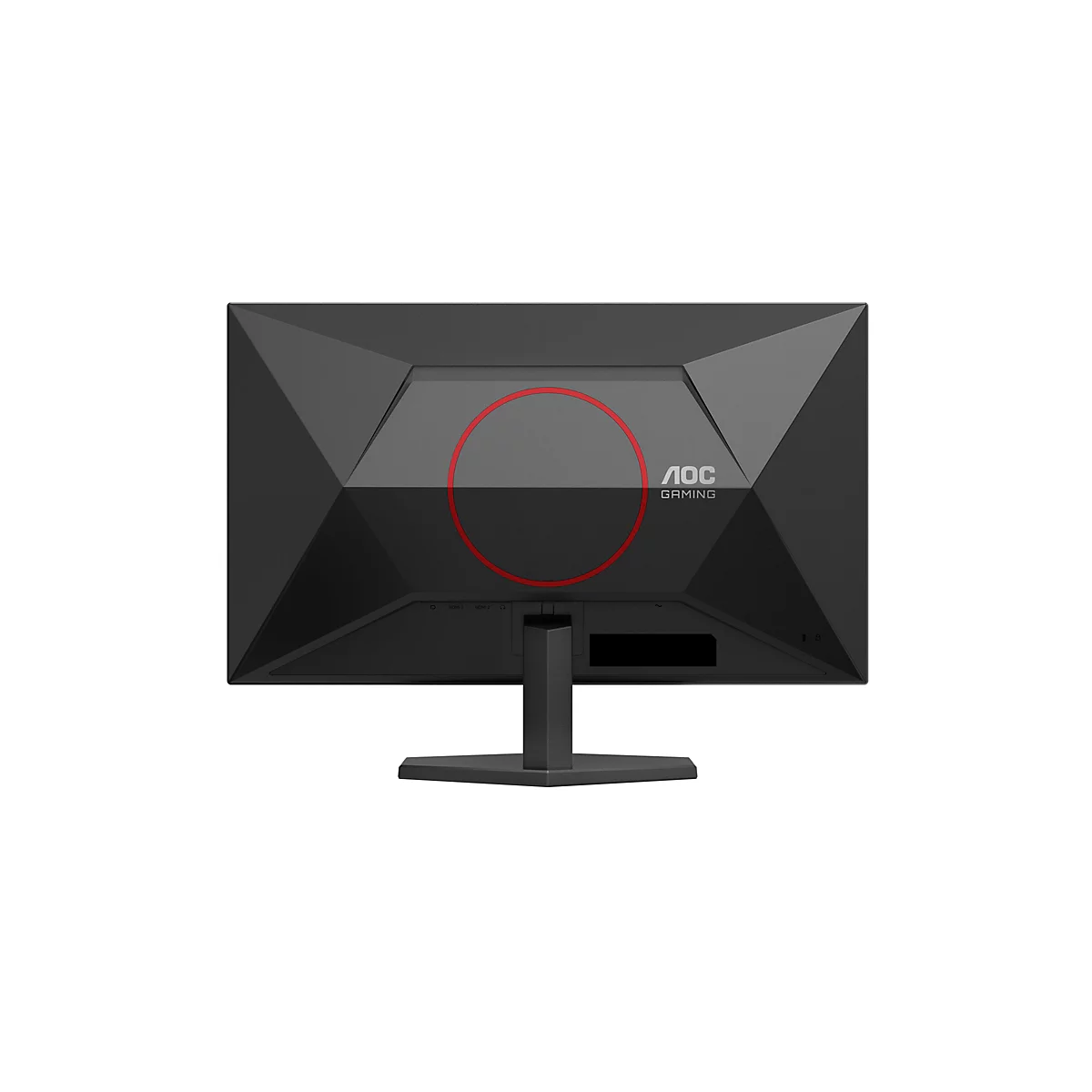 Rückansicht eines schwarzen Gaming-Monitors mit rotem Kreis, AOC-Logo und Anschlüssen.