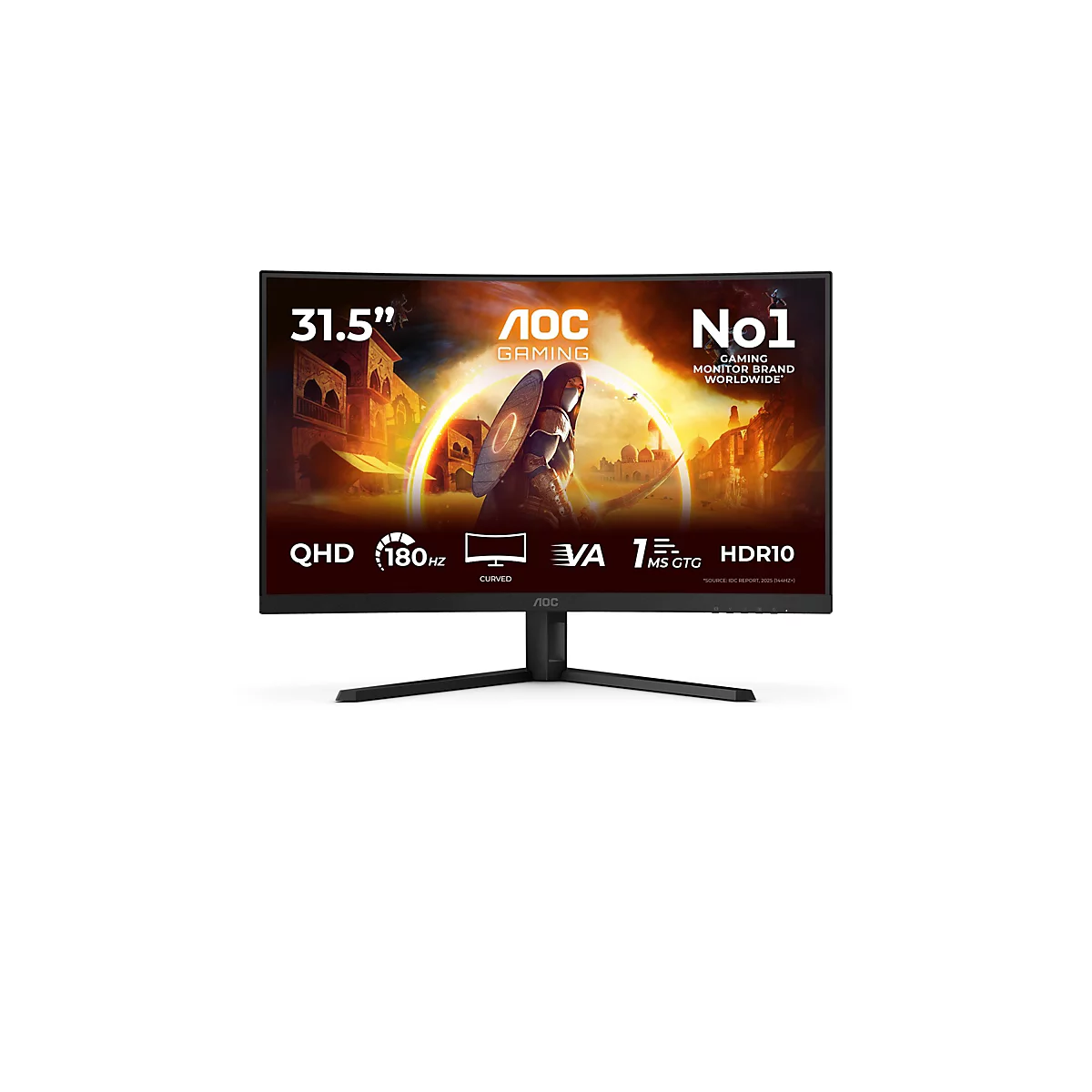 AOC Curved Gaming Monitor mit 31,5 Zoll, QHD-Auflösung und 180 Hz Bildwiederholrate vor weißem Hintergrund.